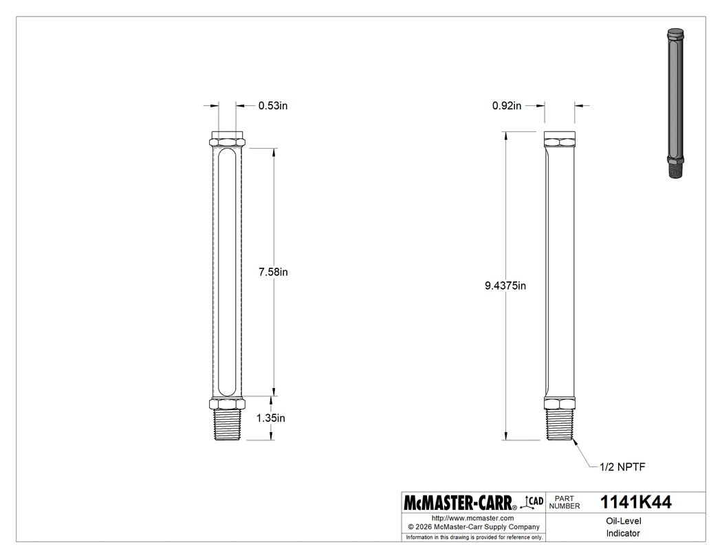 Technical Drawing of Oil-Level Indicator, Brass Straight, 1/2 NPTF Male, 9-7/16" Overall Height.